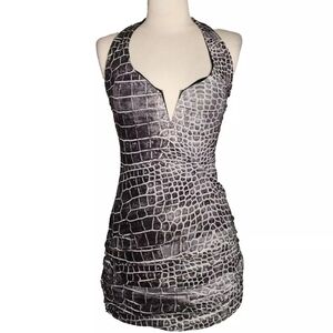 New Pink Bodycon Snake Print Halter Dress in Black and White Size L